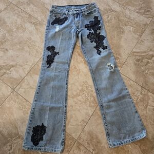 Express X2 Black Bling Applique Floral jeans size 0